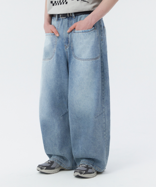 MUSINSA | TRILLION Round pocket Balloon fit washed denim pants (LIGHT BLUE)