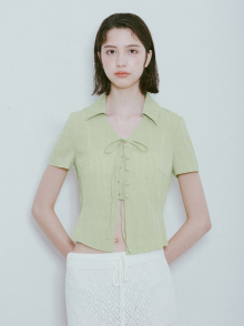 Open Collar Ribbon Blouse in Green VW4MB109-32