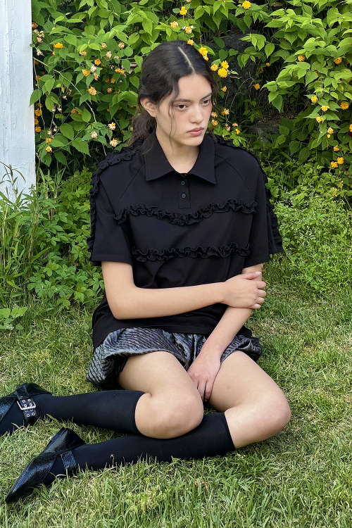 RUFFLE PIQUE SHIRT (BLACK)