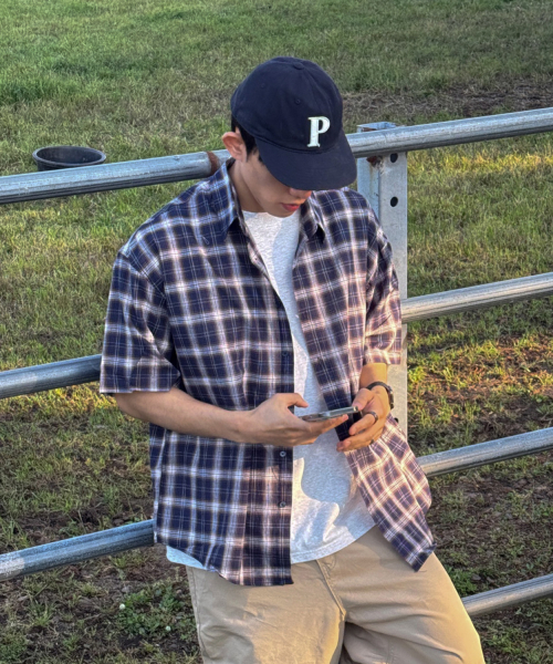 Seersucker Check Half Shirts [2409 Navy]