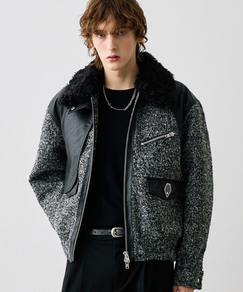 HESTER DETACHABLE COLLAR CURVED LINE JACKET / GREY BOUCLE
