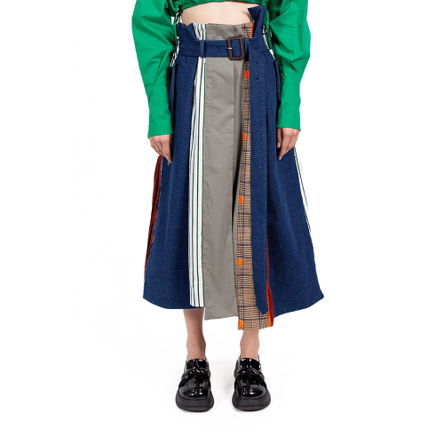 [MXM1FMSKL002MT]Patch-Panelled Mixed Fabric Skirt Long