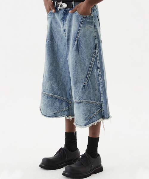 multi dart bermuda denim pants blue