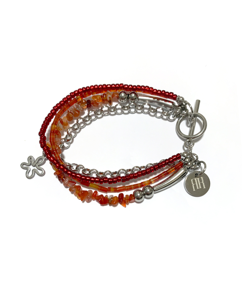 MAKANI FLOWER GEMSTONE CHAIN LAYERED BRACELET / CHILI RED