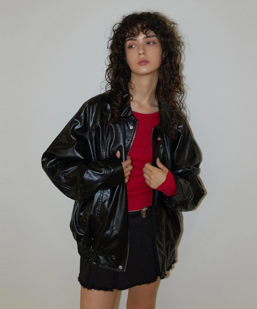 Glossy Coating Blouson Black