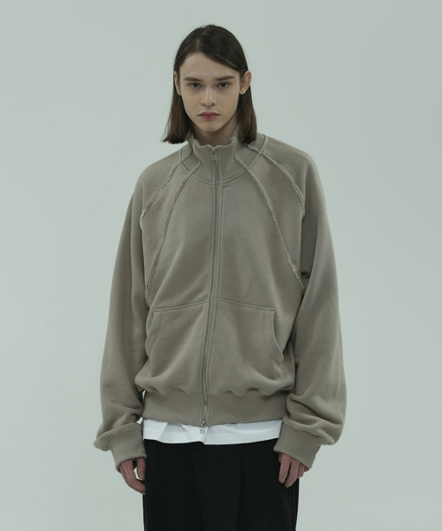 distressed track zip-up jacket beige