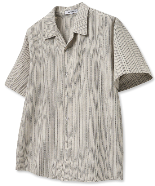 LINEN PENCIL STRIPE OPEN COLLAR HALF SHIRT [OATMEAL]