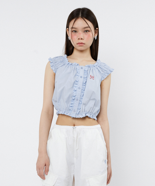 Shirring Cap Sleeve Blouse (sky blue)