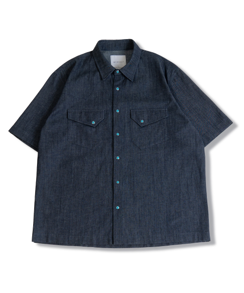 Джинсово-льняная рубашка в западном стиле с коротким рукавом Deep Indigo