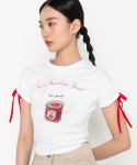 하이스쿨디스코(HIGH SCHOOL DISCO) 스트로베리 스프레드 리본 셔링 반팔 티셔츠 화이트