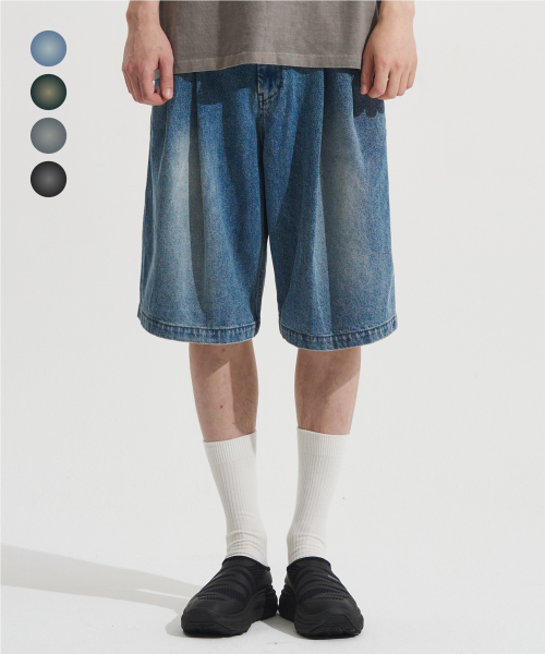 Washed Denim Two Tuck Shorts [4 Colors]