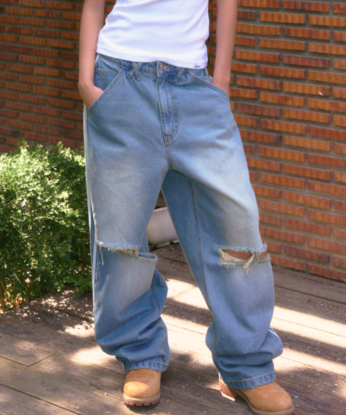 STRIPE TAPE DENIM PANTS ASH BLUE