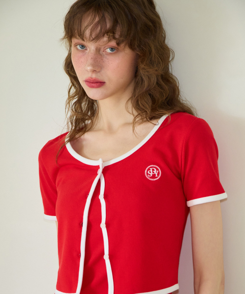 Crop Pique Cardigan_ Red