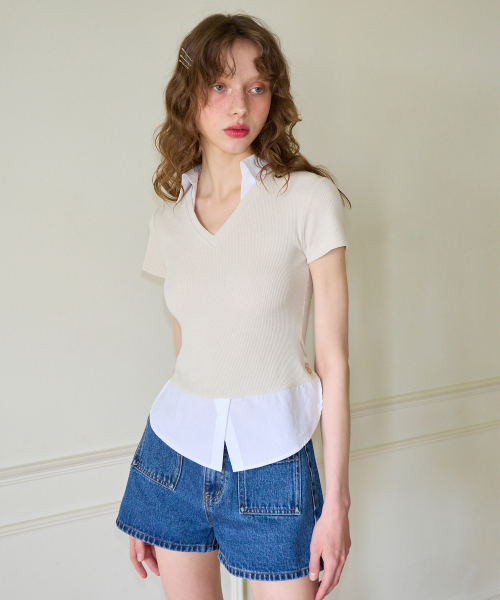 Shirt Detail V-neck Short Sleeve T_ Ivory