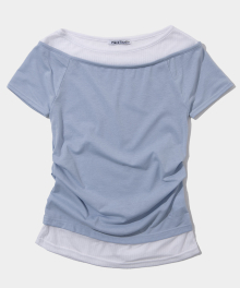 시스루 더블 레이어드 핀턱 슬림핏 반팔 슬리브 티셔츠 [블루]