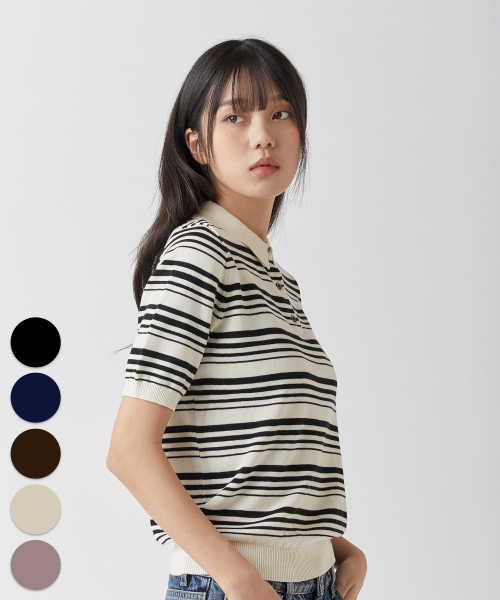 Nature Cotton100 полоска воротник коротконавшийкофта - 5 COLOR