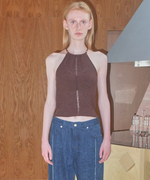 DRAWSTRING HALTER NECK TOP - BROWN