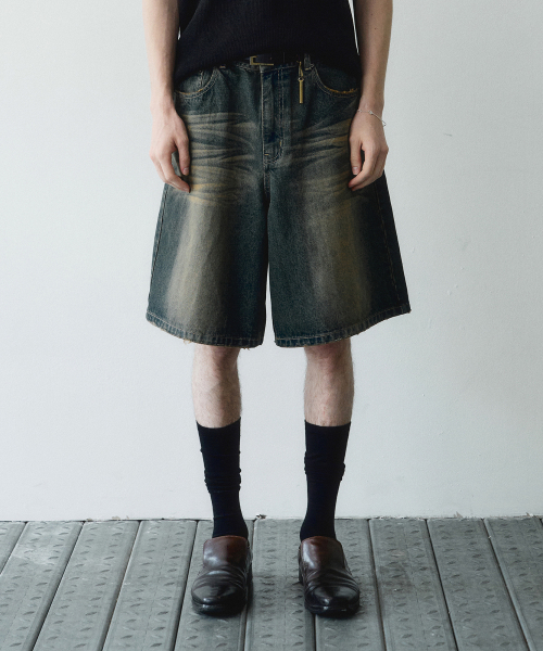 Широкие джинсовые бермуды с эффектом потертости (Vintage Blue)
