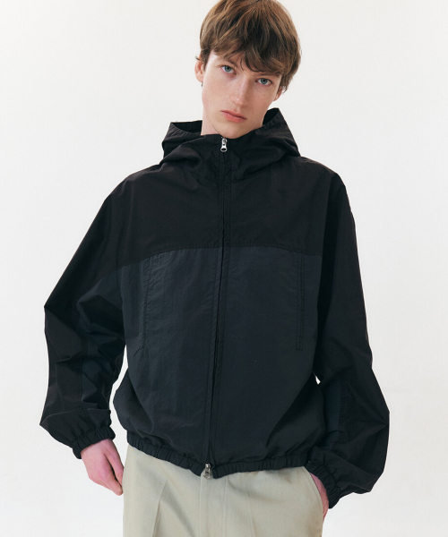 PANEL WASHED HOODIE JACKET - BLACK CHARCOAL