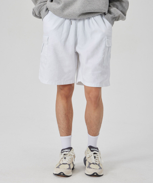 6 POCKETS SEMI WIDE CARGO HALF PANTS_WHITE