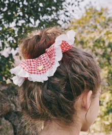TORCHON RIBBON LACE SCRUNCHIES GINGHAM RED