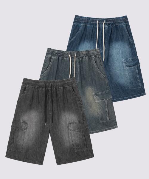 Джинсовые карго-бермуды с винтажной варкой D523 - 3 colors