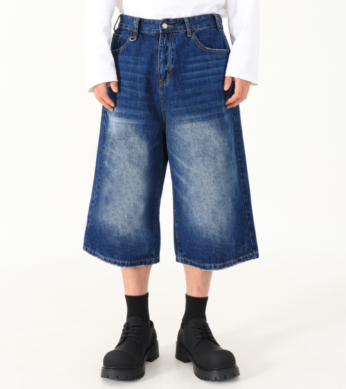 버튼서울() 워시드 체인 버뮤다 데님 팬츠 (딥 블루) 상품 이미지