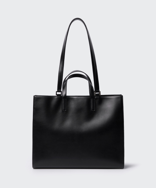 SYNTHETIC LEATHE RECTANGLE SHOULDER TOTE BAG_LARGE [BLACK]