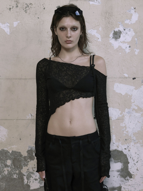 【BOHEMSEO】NET UNBALANCE STRAP SLEEVE 보헤미안 서울(BOHEMSEO) NET UNBALANCE STRAP SLEEVE, BLACK