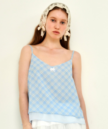 [WOMAN] CHECK CROP LAYERED RIBBON DECORATION ONE-PIECE BABY BLUE