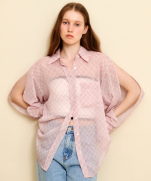 [OVER-FIT] CHIFFON SEE-THROUGH SLEEVE DETAIL PINK CHECK SHIRT