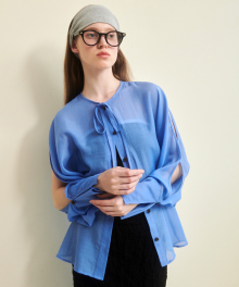 CHIFFON SEE-THROUGH SLEEVE DETAIL BLOUSE BLUE