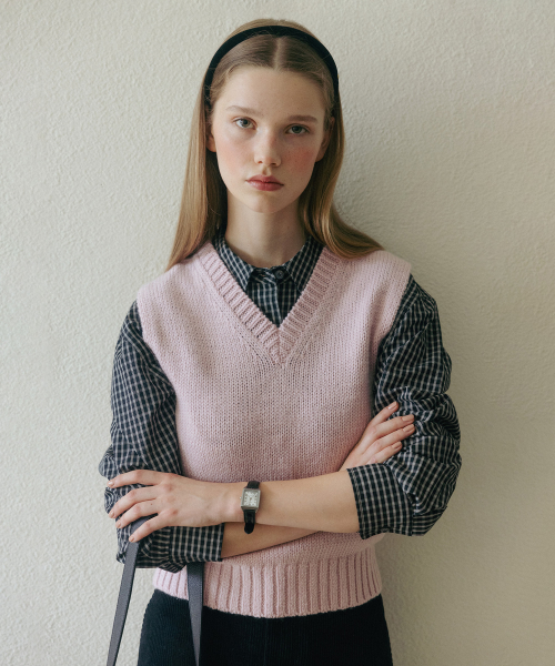 V NECK KNIT VEST PINK