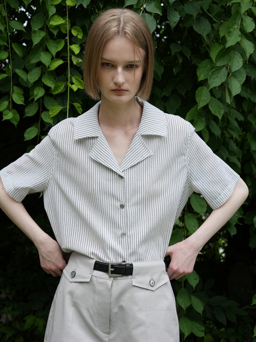 MIGA STRIPE LINEN COTTON PAJAMA SHIRTS BLOUSE (IVORY)