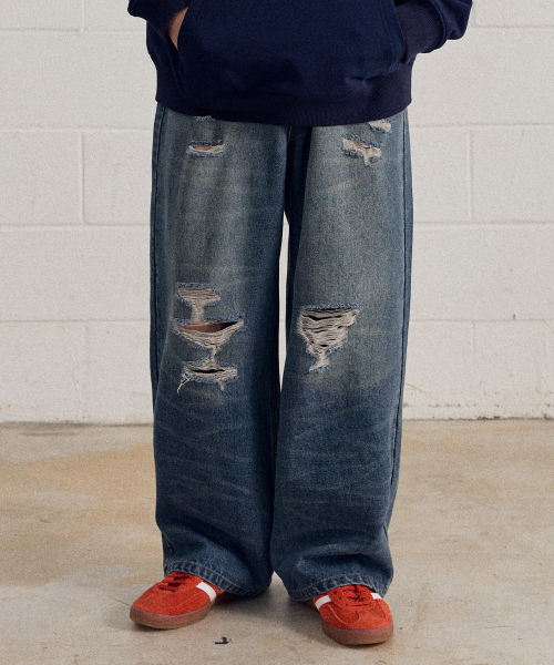 필루미네이트() 티어 워시드 데님 팬츠-블루 상품 이미지