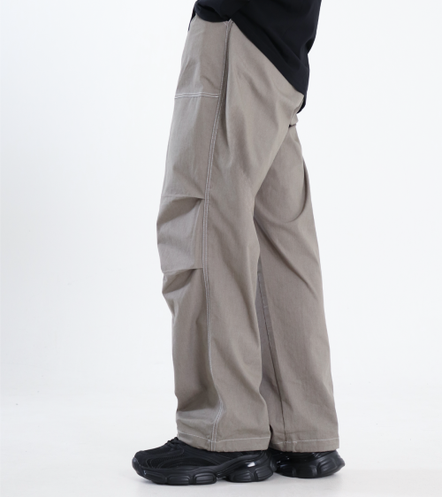 버튼서울() 포켓 포인트 코튼 파라슈트 와이드 스트링 팬츠 (카키 그레이) 상품 이미지