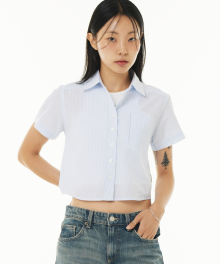 SEERSUCKER POCKET CROP STRIPE SHIRTS (SKY BLUE)