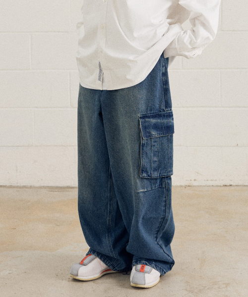 필루미네이트() 워시드 데님 카고 팬츠-인디고 상품 이미지