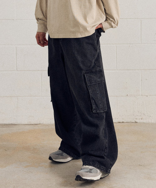 필루미네이트() 워시드 데님 카고 팬츠-블랙 상품 이미지