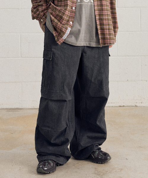 필루미네이트() 코튼 워시드 카고 팬츠-차콜 상품 이미지