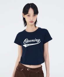 W Cropped Flag Half T Shirt - Navy