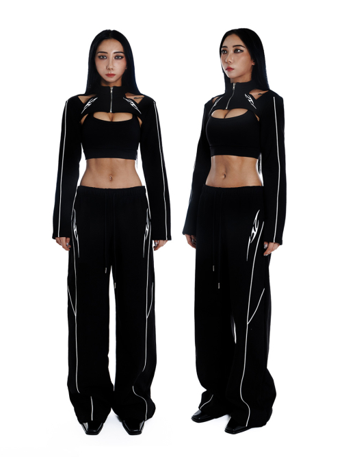 Спортивный костюм с пайпингом и принтом (Black)