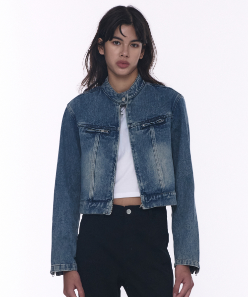 Байкерская куртка из стираного денима в стиле винтаж, укороченная [Denim Blue]