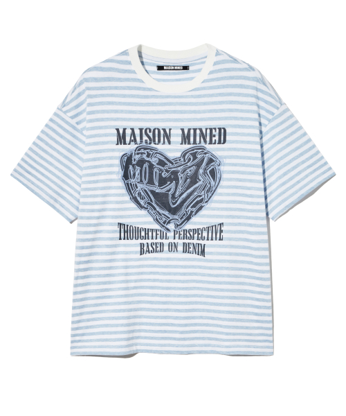 메종미네드(MAISON MINED) DOODLE HEART STRIPE HALF T SKY BLUE