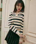 V NECK COLLAR STRIPE KNIT PULLOVER IVORY