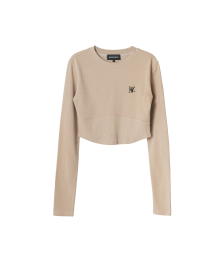 Rib waist long sleeve T-shirt - BEIGE