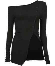 One-Shoulder Lettuce Stitch Cardigan (FL-127_Black)