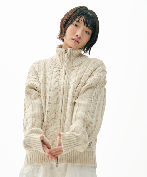 Heavy Cable Zip-Up Knit Кардиган Oatmeal