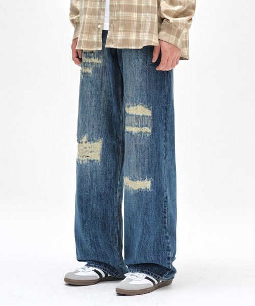 Patched Damage Wide Jeans DCPT047СинийB