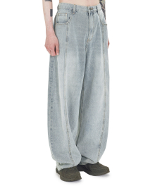 WIDE VOLUME WASHED DENIM PANTS - LIGHT BLUE